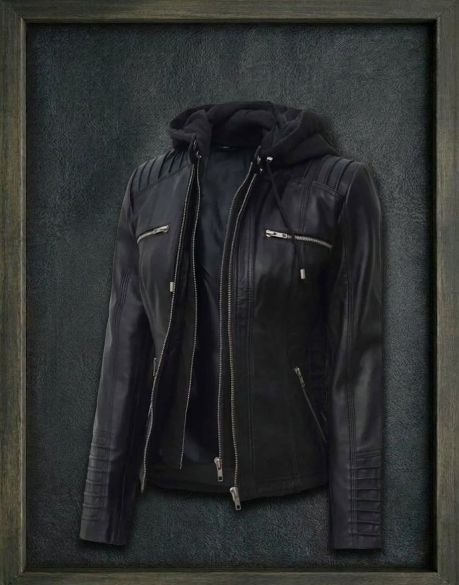WOMAN'S BLACK LEATHER HOODED BIKER JACKET ARTICLE-20 - Image 2