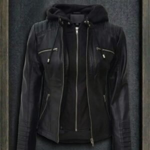 WOMAN'S BLACK LEATHER HOODED BIKER JACKET ARTICLE-20
