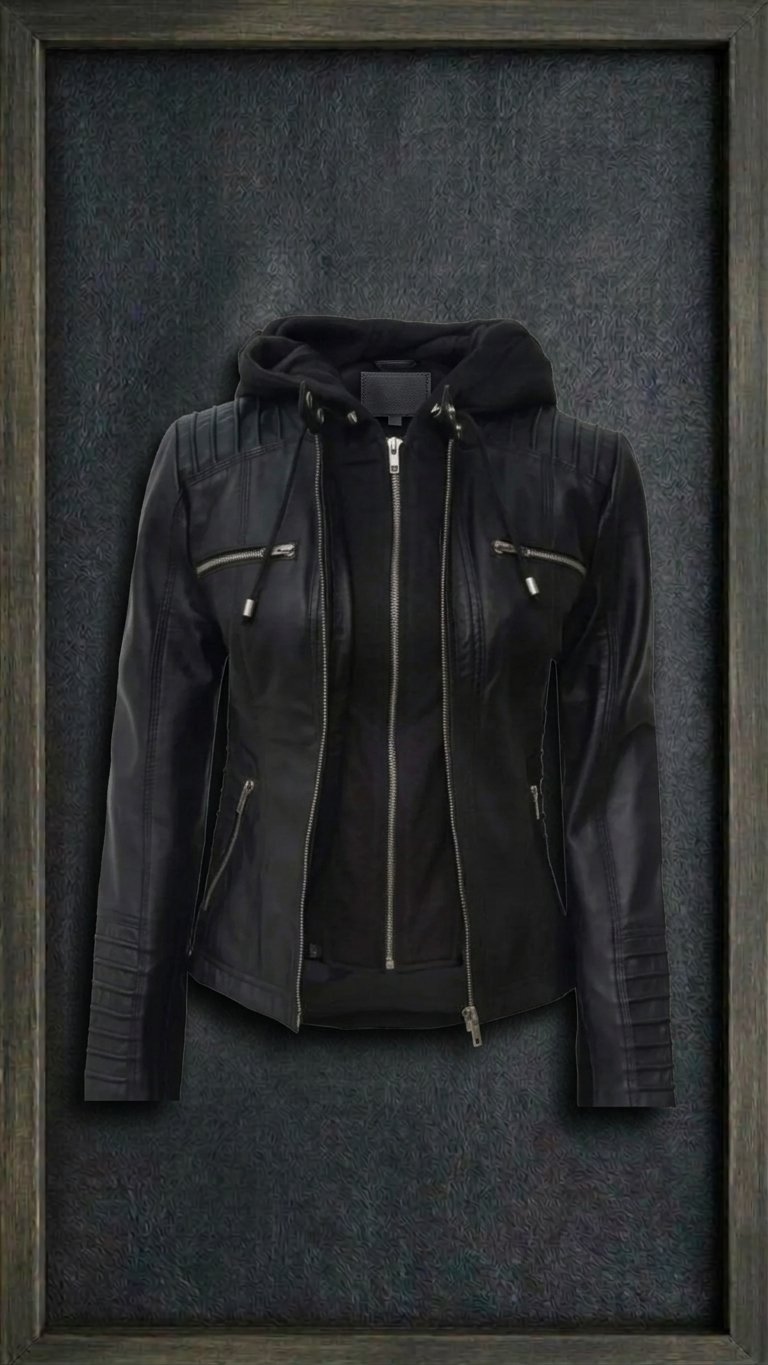WOMAN'S BLACK LEATHER HOODED BIKER JACKET ARTICLE-20
