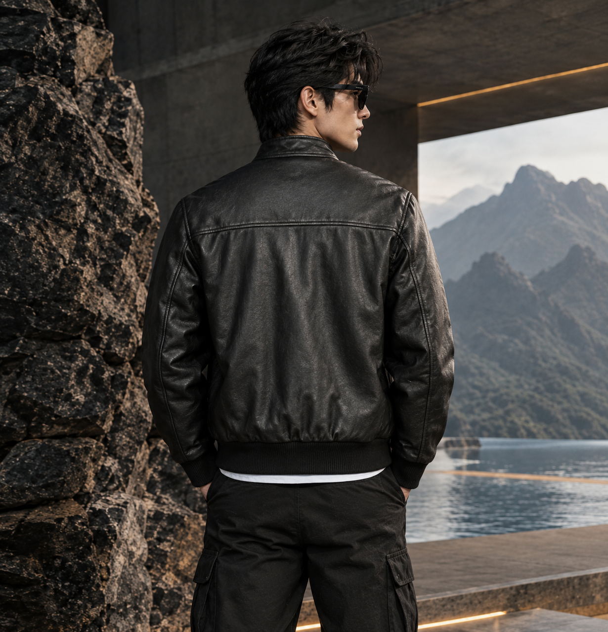 RIBBED HEM BLACK LEATHER JACKET ARTICLE-40 - Image 3