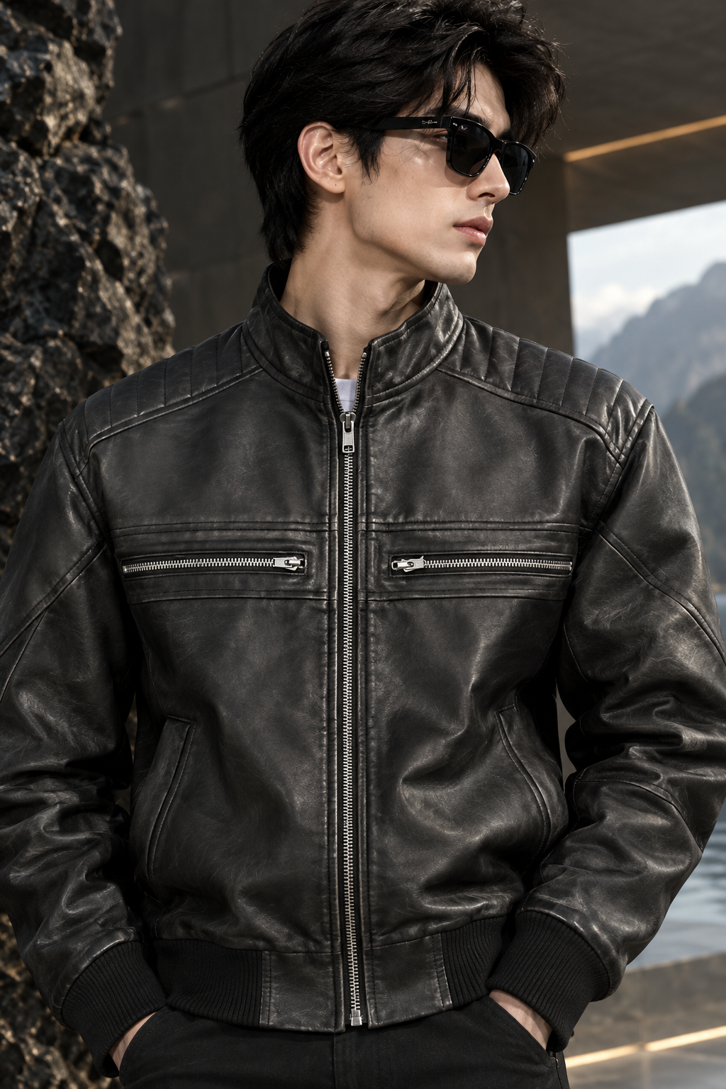 RIBBED HEM BLACK LEATHER JACKET ARTICLE-40 - Image 2