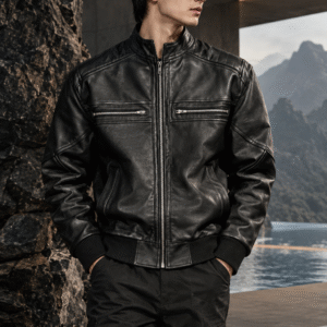 RIBBED HEM BLACK LEATHER JACKET ARTICLE-40