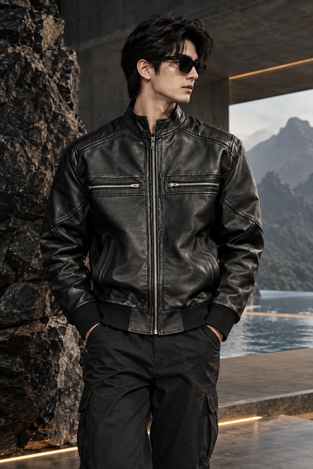 RIBBED HEM BLACK LEATHER JACKET ARTICLE-40
